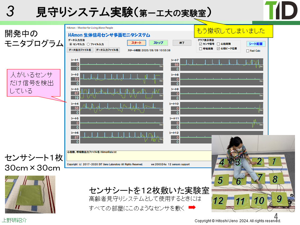 見守りシステム実験の様子。モニタプログラムHAmonの画面と、センサシートを12枚敷いた実験室で人が座っている写真